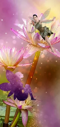 This enchanting phone live wallpaper features a beautiful fairy seated atop a vibrant purple flower