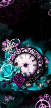 This phone live wallpaper showcases a timeless clock sitting atop a table adorned with flowers in beautiful hues of pink, red, and purple
