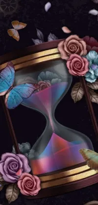 This live wallpaper showcases a mesmerizing hourglass design with roses and butterflies on a black background