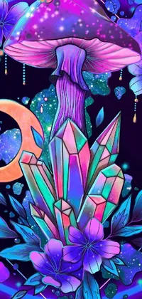 This phone live wallpaper features a stunning illustration of a mushroom, flowers, and a crescent moon in a vibrant psychedelic art style