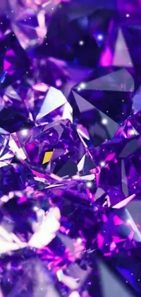 This live wallpaper features a pile of purple crystals positioned on a table