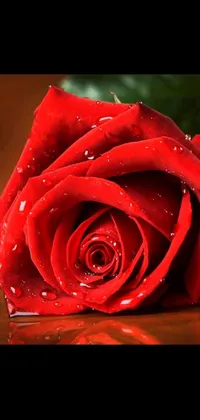 This beautiful live wallpaper features a highly intricate red rose resting on a weathered wooden table
