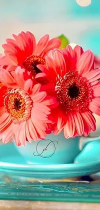 This live phone wallpaper showcases a beautiful pink floral arrangement in a cup on a table