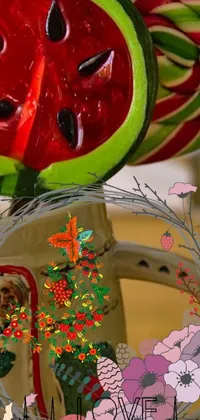 This live wallpaper depicts two colorful lollipops atop a cup in a charming naive art style influenced by ikebana