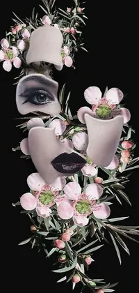 This phone live wallpaper showcases stunning digital art featuring a woman's face surrounded by pink flowers against a mesmerizing backdrop