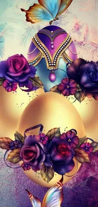 This stunning live wallpaper features a digital art painting of an exquisite egg adorned with beautiful flowers and a graceful butterfly