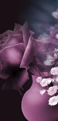 This stunning phone live wallpaper features an intricate vase filled with vibrant blooms, set against a romantic and dreamy backdrop of black and purple rose petals on a mauve background