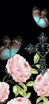 Looking for a stunning live wallpaper for your phone? Check out this beautiful design featuring a pink rose encircled cross with fluttering butterflies, set against a striking black background with aqua accents