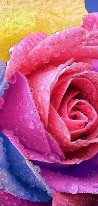 Looking for a stunning live wallpaper for your phone? Look no further than this vivid and photorealistic painting! Featuring a close-up of a beautiful, water-droplet covered flower with a huge rose head dominating the screen, this wallpaper is bursting with vibrant shades of pink and blue