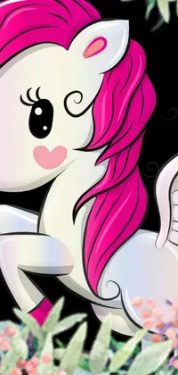 This phone live wallpaper features a close up of a cartoon pony enjoying a field of pink and white flowers on a black background