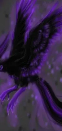 This captivating phone live wallpaper features a purple and black bird flying through a moody, otherworldly background