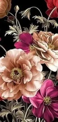 This phone live wallpaper showcases an impressive vase filled with a brilliant assortment of colorful flowers amidst an opulent black and brown Baroque-inspired setting