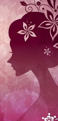 This phone live wallpaper features a beautiful pink and green zen-style design with an elegant stylized portrait of a woman with flowers in her hair