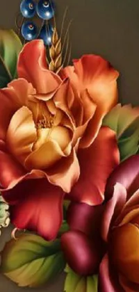 Looking for a stunning live wallpaper to give your phone a touch of elegance? This digital art piece features a beautiful bouquet of flowers resting on a table with exquisite detail and a warm color scheme of red and brown
