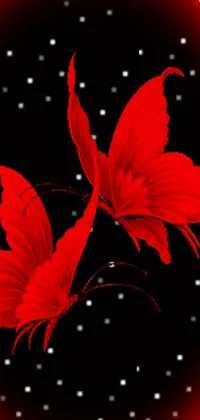 This phone live wallpaper showcases two elegant red butterflies fluttering against a stunning black and red backdrop