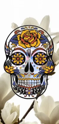 This live phone wallpaper showcases a stunningly detailed close-up of a multi-colored flower with a skull emblazoned on its petals