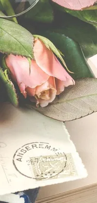 Enhance your phone screen with a stunning live wallpaper of pink roses atop a vintage book and postal envelope