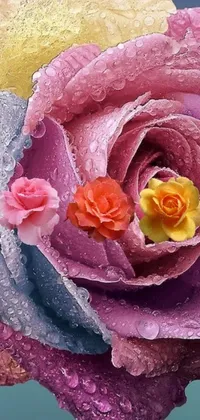 This <a href="/">live wallpaper</a> captures the beauty of a water-covered flower in stunning detail, with a romantic roses background