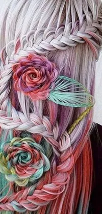 Add a vibrant and colorful touch to your phone with this stunning live wallpaper! Featuring a striking image of intricately braided hair adorned with feathers and flowers, this design is a true work of art