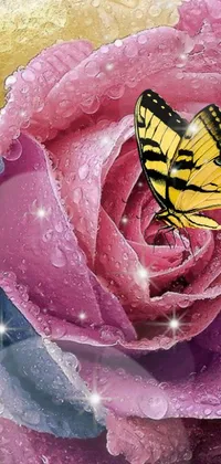 This live phone wallpaper features a yellow butterfly resting on a pink rose