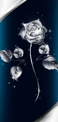 This phone live wallpaper presents a beautiful silver rose nestled on a blue and silver hued backdrop