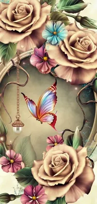 This stunning phone live wallpaper features a close-up view of a clock decorated with beautiful flowers and a butterfly