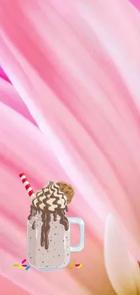 This live phone wallpaper features a pink flower and chocolate milkshake in Muggur-style magic realism