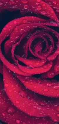 This phone live wallpaper features a bright red rose with water droplets adorning its deep pink petals
