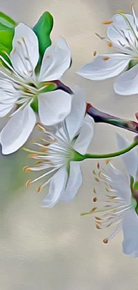 This phone live wallpaper showcases a stunning digital painting of a white flower on a branch surrounded by cherry blossoms