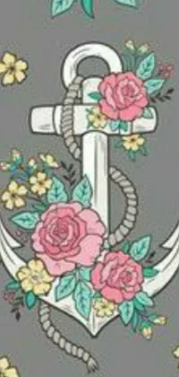 This live wallpaper for phones showcases an intricate pattern with an anchor and roses placed on a gray background