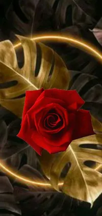 This mobile live wallpaper showcases a digital rendering of a captivating red rose embracing verdant green leaves