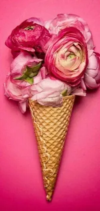 This phone live wallpaper features pink flowers arranged in an ice cream cone, set against a soft pink background