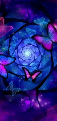 Enhance your phone screen with the psychedelic live wallpaper featuring a blue and purple rose surrounded by fluttering butterflies