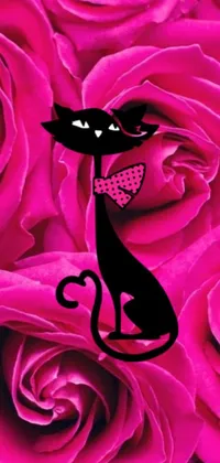 This animated phone wallpaper features a unique design, showcasing a black cat sitting atop a beautiful cluster of pink roses