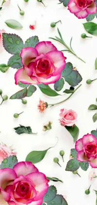 Elevate your phone's visual appeal with this stunning live wallpaper featuring delicate pink roses, lush green leaves, and intricate floral patterns on a white background