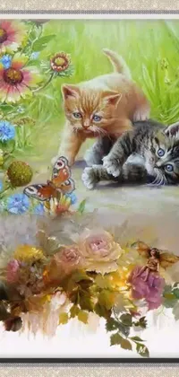 If you're looking for a delightful live wallpaper for your phone, look no further than this charming scene of two playful kittens and a butterfly