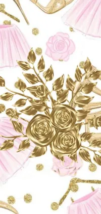 Enhance your phone screen with this stunning live wallpaper featuring a variety of shoes and a bouquet of pink and gold flowers