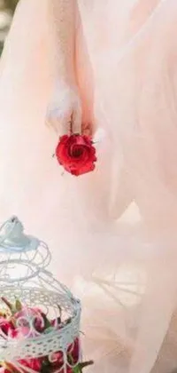 This live phone wallpaper depicts a stunning woman in a white wedding dress holding a red rose