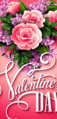 This Valentine&#39;s Day live wallpaper features a romantic design with pink roses and purple flowers