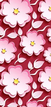 This live wallpaper showcases a lovely arrangement of pink flowers against a red background in a trendy vector art style