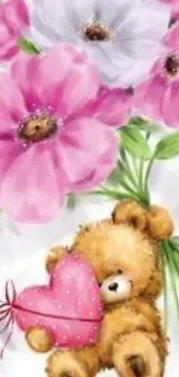 This live phone wallpaper features a charming painting of a teddy bear holding a heart, surrounded by pink flowers to create an enchanting atmosphere
