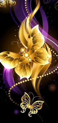 This phone wallpaper showcases a magnificent golden flower with butterflies swirling around it