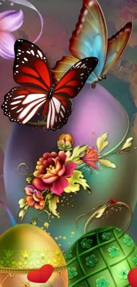 This phone live wallpaper showcases digital art with a vibrant butterfly hovering over a group of eggs that are ready to hatch