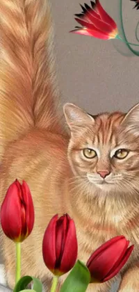 Looking for a beautiful and realistic live wallpaper for your phone? Check out this stunning digital art piece featuring a sand-toned cat and a vibrant bouquet of tulips on a table