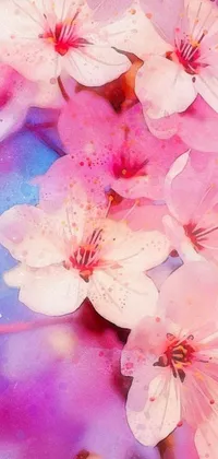 This phone wallpaper features a stunning close-up of colorful flowers on a tree with flowing sakura-colored silk in the background