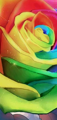 This stunning live wallpaper for your phone features a rainbow-colored rose set against a detailed rainbow background