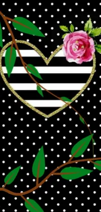 This stunning phone live wallpaper features a black and white striped heart with a striking pink rose