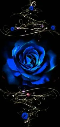 This live phone wallpaper showcases a striking digital art of a blue rose set against a black backdrop