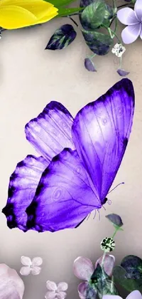 This phone live wallpaper showcases a digital art image of blooming purple flowers and a butterfly against a peaceful backdrop