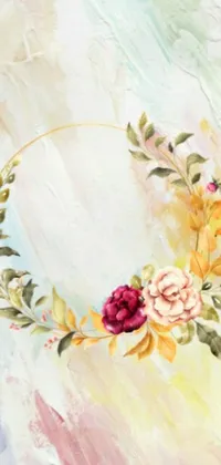 This live wallpaper showcases a beautiful painting of a floral wreath surrounded by a glistening golden halo